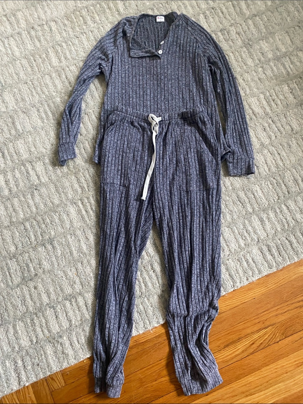 Cozy Ribbed Long-Sleeve Pajama Set - Slate Blue